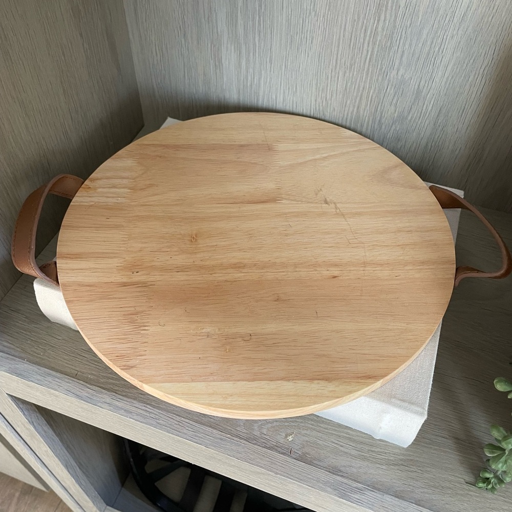 Round Wooden Tray with Leather Handles